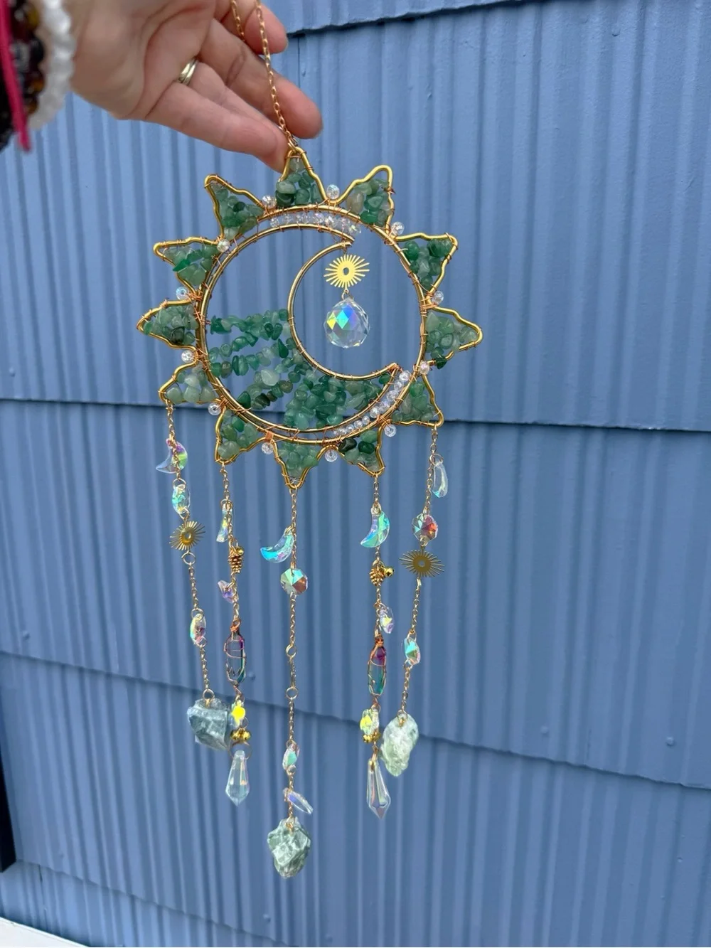 Green Crystal Crescent Sun Wind Chime - Home Wall Decor